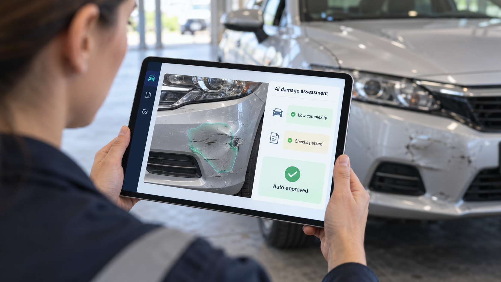 Insurance agent using AI claims processing software on a tablet to review vehicle damage, claim complexity, and automated approval status Insurance assessor using AI claims processing software on a tablet to review vehicle damage, claim complexity, and automated approval status